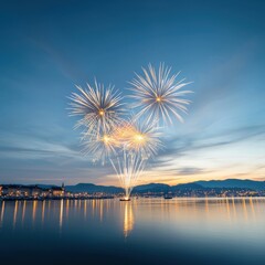 Stunning Fireworks Display Over Calm Water at Dusk