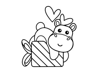 Valentine Day Hippo Holding Gift Line Art