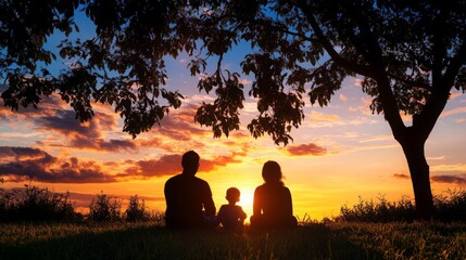 Family silhouettes watching a beautiful sunset under a tree with colorful sky and clouds during golden hour