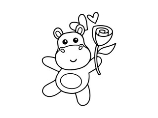 Fototapeta premium Valentine Day Hippo Holding Rose Outline