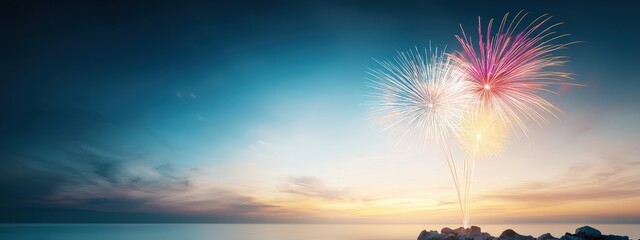 Colorful Fireworks Display Over Tranquil Ocean at Dusk