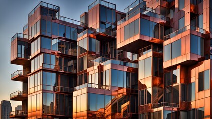 Modern copper-clad apartment building with geometrically stacked balconies and large glass windows reflecting the sunset.