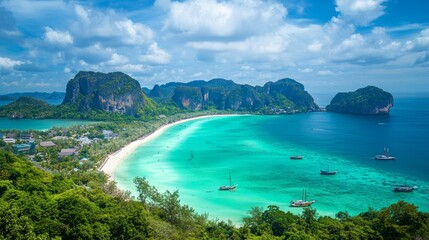 Fototapeta premium A breathtaking summer beach scene with turquoise waters and white sand, perfect for vacation inspiration,