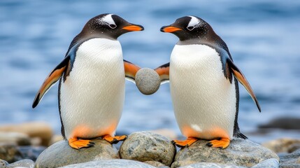 Obraz premium Playful Gentoo Penguins Holding Pebble on Rocky Shoreline