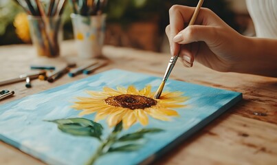 Fototapeta premium Artistic hand of a woman with a brush paints the sunflowers with oil paints, Generative AI