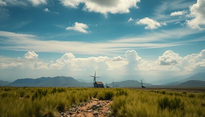 Windmill Farm House Scenic Landscape with Blue Sky