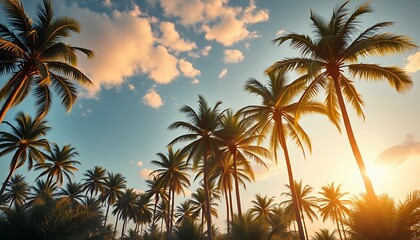 Obraz premium Sunset Palm Trees Tropical Beach Paradise Landscape
