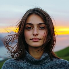 Fototapeta premium Serene Woman Sunset Portrait Windblown Hair Freckles Contemplative Mood
