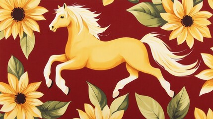 Galloping Palomino Horse Amidst Sunflowers and Leaves