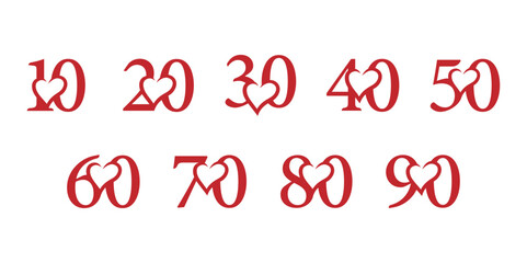 set initial number 10,20,30,40,50,60,70,80,90 with love icon negative space