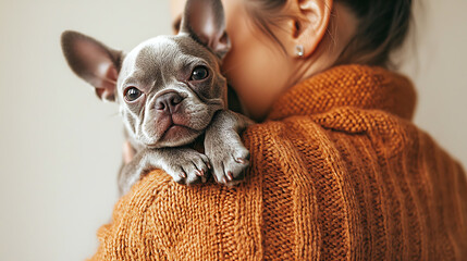 Caring Seller Embraces Adorable French Bulldog Indoor Setting Lifestyle Photography Cozy Environment Heartfelt Concept