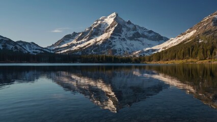 Naklejka premium Snow capped mountain reflected in the still waters of a clear alpine lake surrounded by evergreens