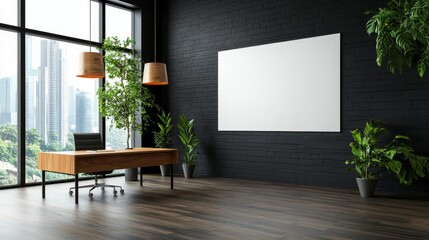 Modern minimalist office interior with wooden desk, large windows, plants and bright natural light