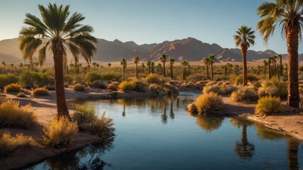 Obraz premium Peaceful Desert Oasis with Palm Trees Reflecting in Still Water at Sunset