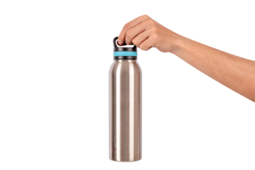 Hand holding aluminum cooler bottle isolated.