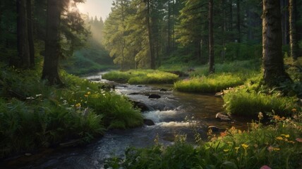 Fototapeta premium Tranquil forest stream with sun rays filtering through the trees creating a peaceful scene