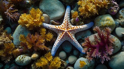 Underwater scene featuring a starfish and various marine plants on rocky seabed