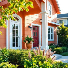 Obraz premium Captivating Orange House Exterior with Lush Landscaping and Red Door - Dream Home Inspiration