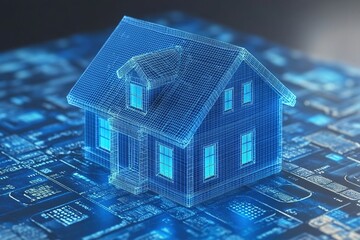 Digital wireframe model of a house on a circuit board.