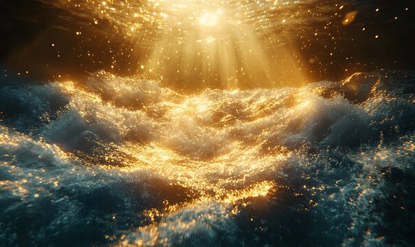 Abstract elegant, gold glitter particles flow with shallow depth of field underwater, Generative AI