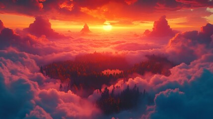 Fototapeta premium Fiery sunset bathes mystical island landscape in warm vibrant hues. AI Generated