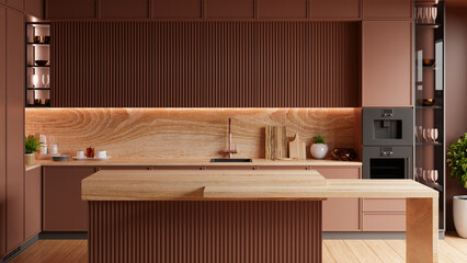 kitchen room interior in brown mocha mousse 2025 color with modern decoration - 3D rendering © Vanitjan