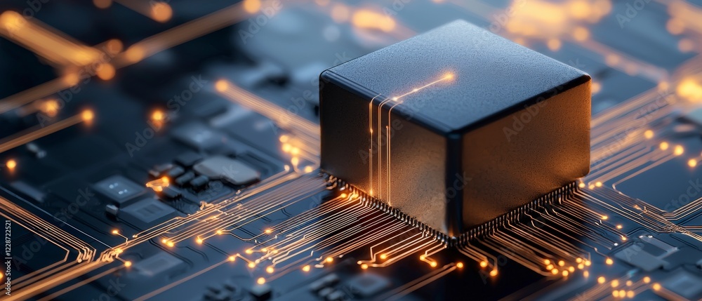 Poster close-up view of a microchip surrounded by circuit board patterns and led lights glowing with high-t