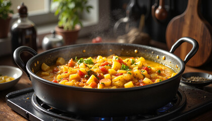 Flavorful vegetable stew simmering in pot, warm homely kitchen