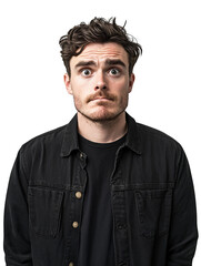 Obraz premium Young man with curly hair showing surprise expression against a dark background