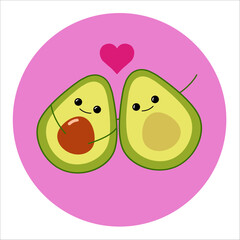 Set of funny kawaii drawn avocado in the cut. Avocado in love. Cute cartoon illustration of avocados. Flat icon of avocado. love is. Vector set. Nice,smilling fruit.