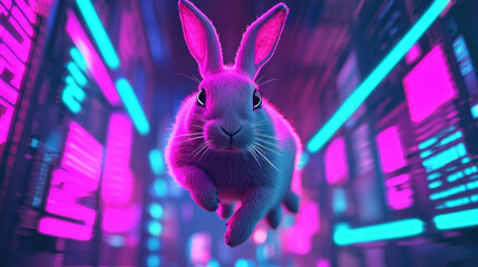 rabbit jumps through neon lit cyberpunk cityscape
