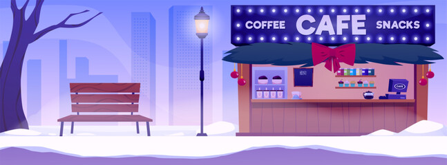 Street Cafe with Christmas decoration, vector Coffee and snacks shop house, lantern and bench on winter city landscape