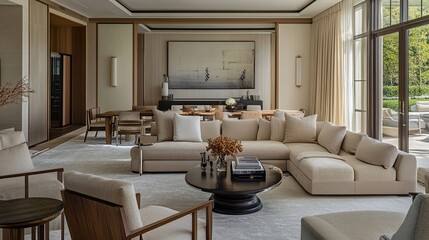 Luxury Living Room Design, Open Plan, Modern, Beige Sofa, Garden View, Interior Design
