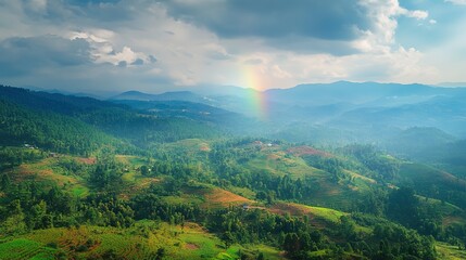 Fototapeta premium Stunning Rural Landscape with Colorful Rainbow Stretching Elegantly Across the Sky