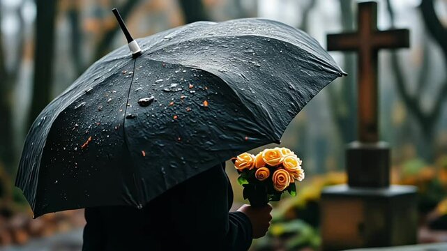 woman in black standing at the grave holding an umbrella, mourning at the cemetery