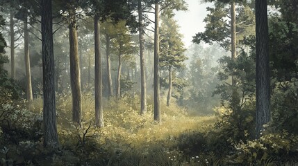 Obraz premium Misty morning forest path, sunlit clearing, game background