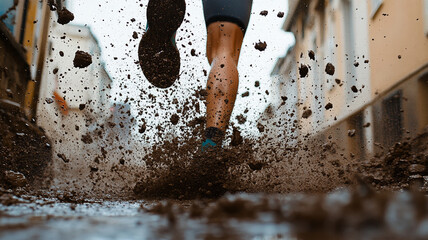 runner dodging puddles, splashing mud on rainy street