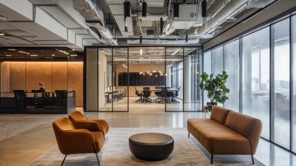 Modern office space design corporate building interior photography urban environment wide-angle view aesthetic appeal