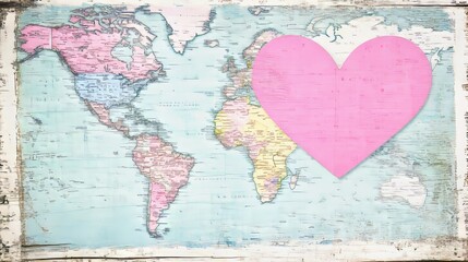 Fototapeta premium Global Love A World Map with Pink Heart Overlay