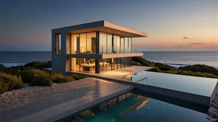 Fototapeta premium A contemporary seaside villa featuring an infinity pool, warm lighting, and expansive ocean views during sunset for luxurious scenic habitation.