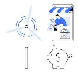 Wind turbine, online shopping on a smartphone, and piggy bank represent renewable energy, e-commerce, and savings. Ideal for sustainability, green energy, online retail, smart shopping savings