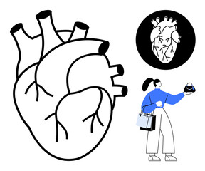 Woman with ponytail holding teapot and shopping bags beside large anatomical heart drawing. Ideal for health, lifestyle, anatomy, consumerism, contrast, self-care, and balance themes. Abstract line