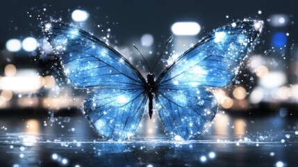 Glowing Blue Butterfly Night Cityscape