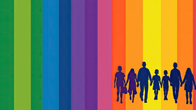 Diverse family silhouette, rainbow background, unity, inclusion, poster