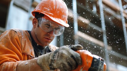 A detailed view of a construction worker wearing an orange hard hat and protective eyewear, using a power tool at a building site, Construction site scene