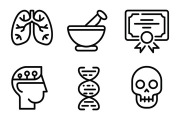 Medical and Science Line Icon Set – Lungs, Mortar and Pestle, Certification, Head and Throat, DNA, Skull