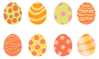 Colorful Easter Eggs collection. Vector flat style illustrations. Flowers pattern, lines, stripes	