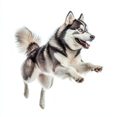 Obraz premium Siberian Husky jumping with all four paws off the ground in excitement