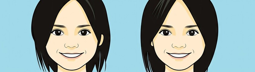 Twin girls smiling, light blue background, illustration, website avatar