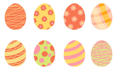 Colorful Easter Eggs collection. Vector flat style illustrations. Flowers pattern, lines, stripes	